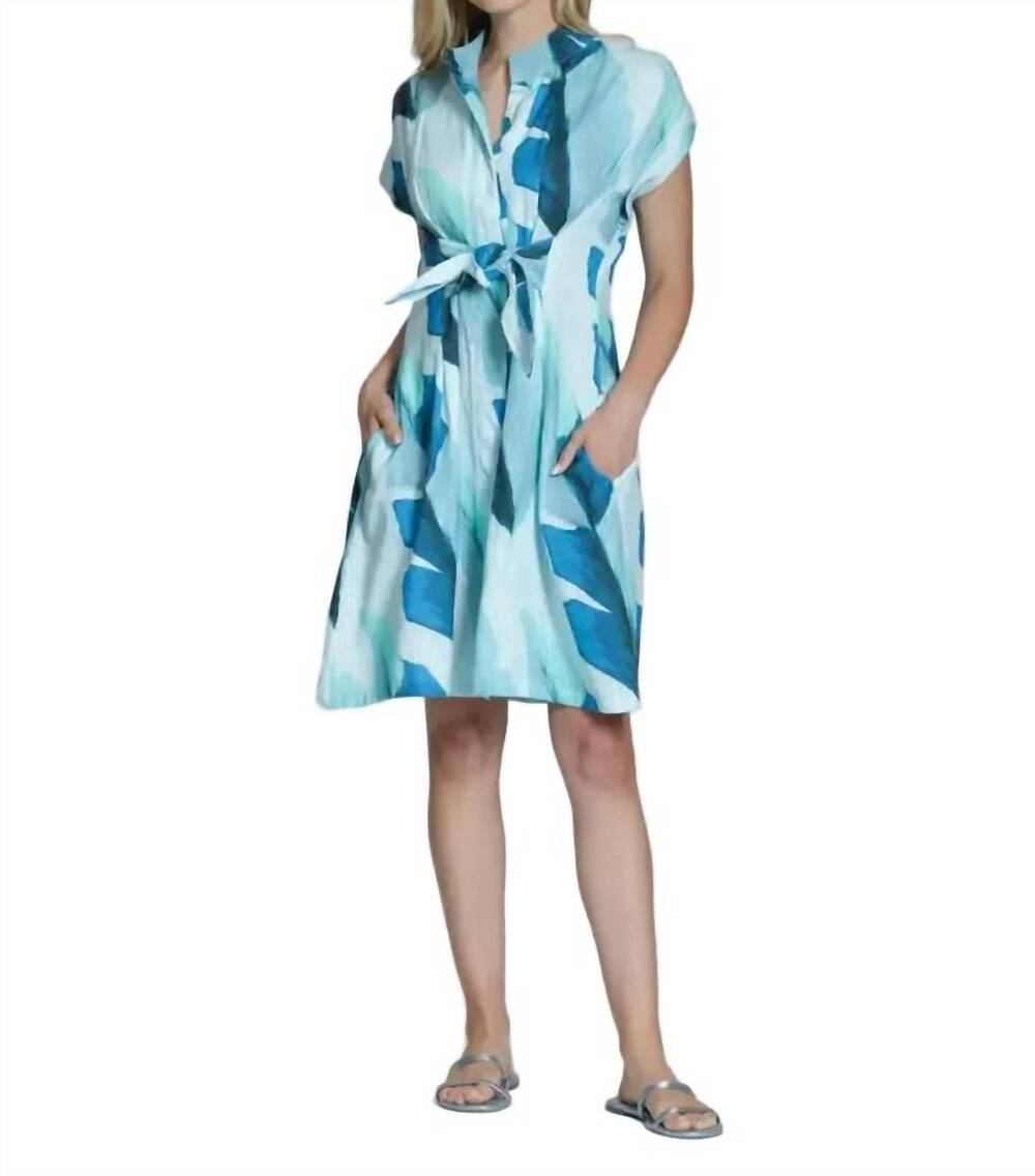NEW APNY short sleeve shirt dress with self tie in aqua multi